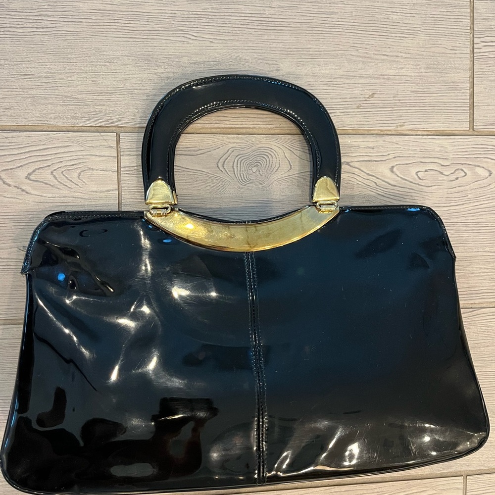 Vintage 1950s Black Patent Leather and Brass Handbag with Triple Compartments